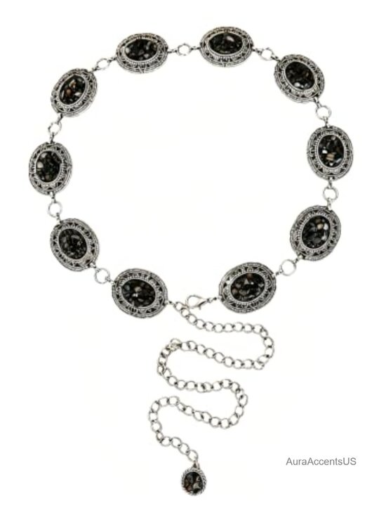 Accessories - Vintage Western Concho Chain Belt Metal Acrylic Gems Adjustable Waist Chain for